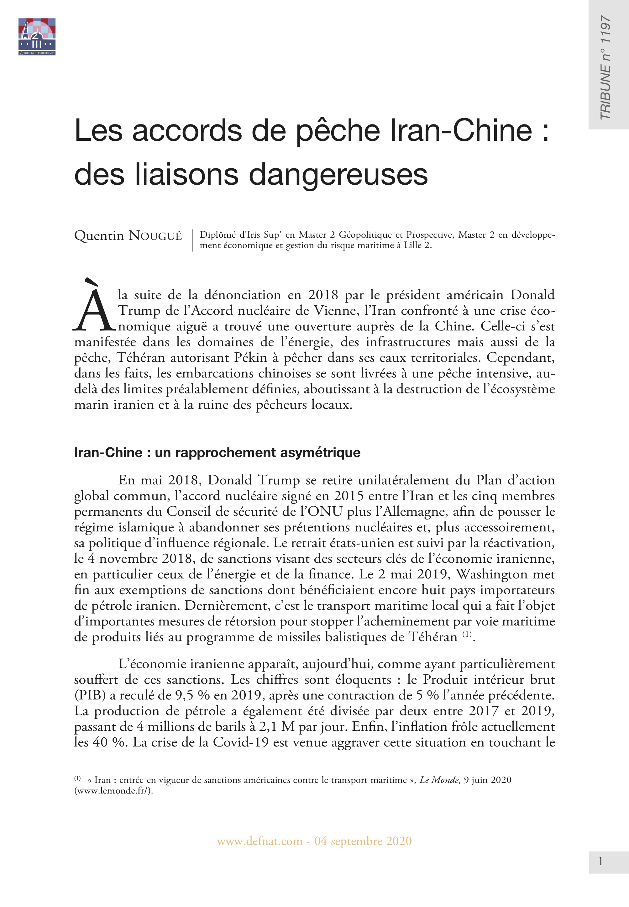 Les accords de pêche Iran-Chine : des liaisons dangereuses (T 1197)
